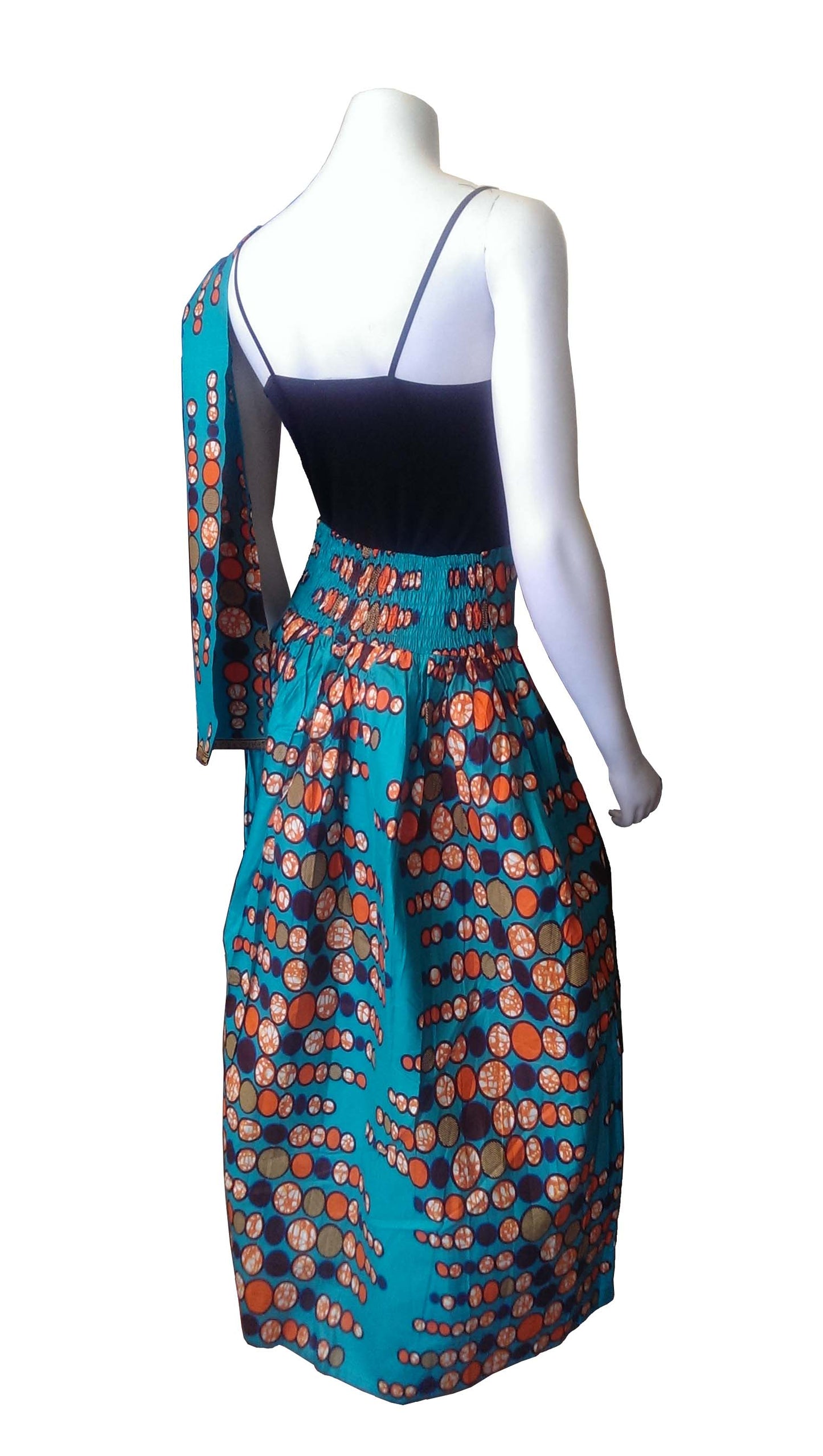 Dada Long Skirt Teal with Orange and Brown Circles Size 8