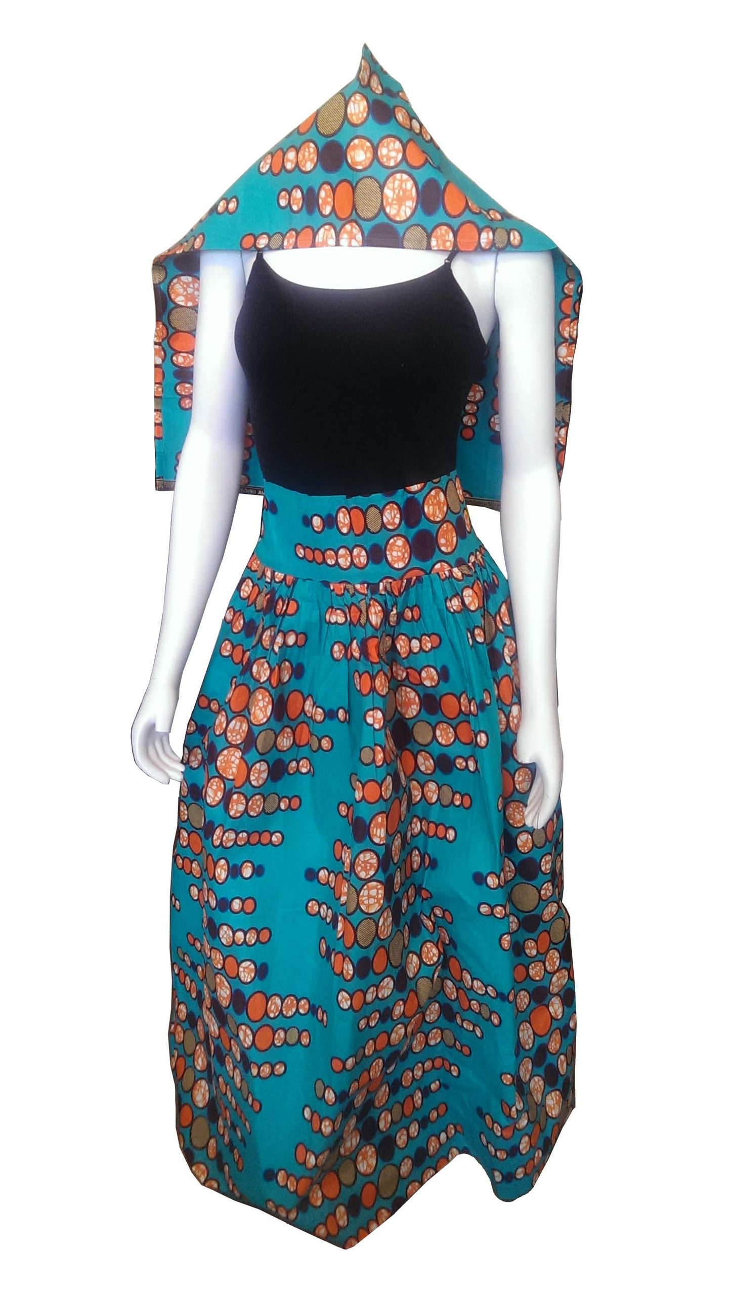 Dada Long Skirt Teal with Orange and Brown Circles Size 8