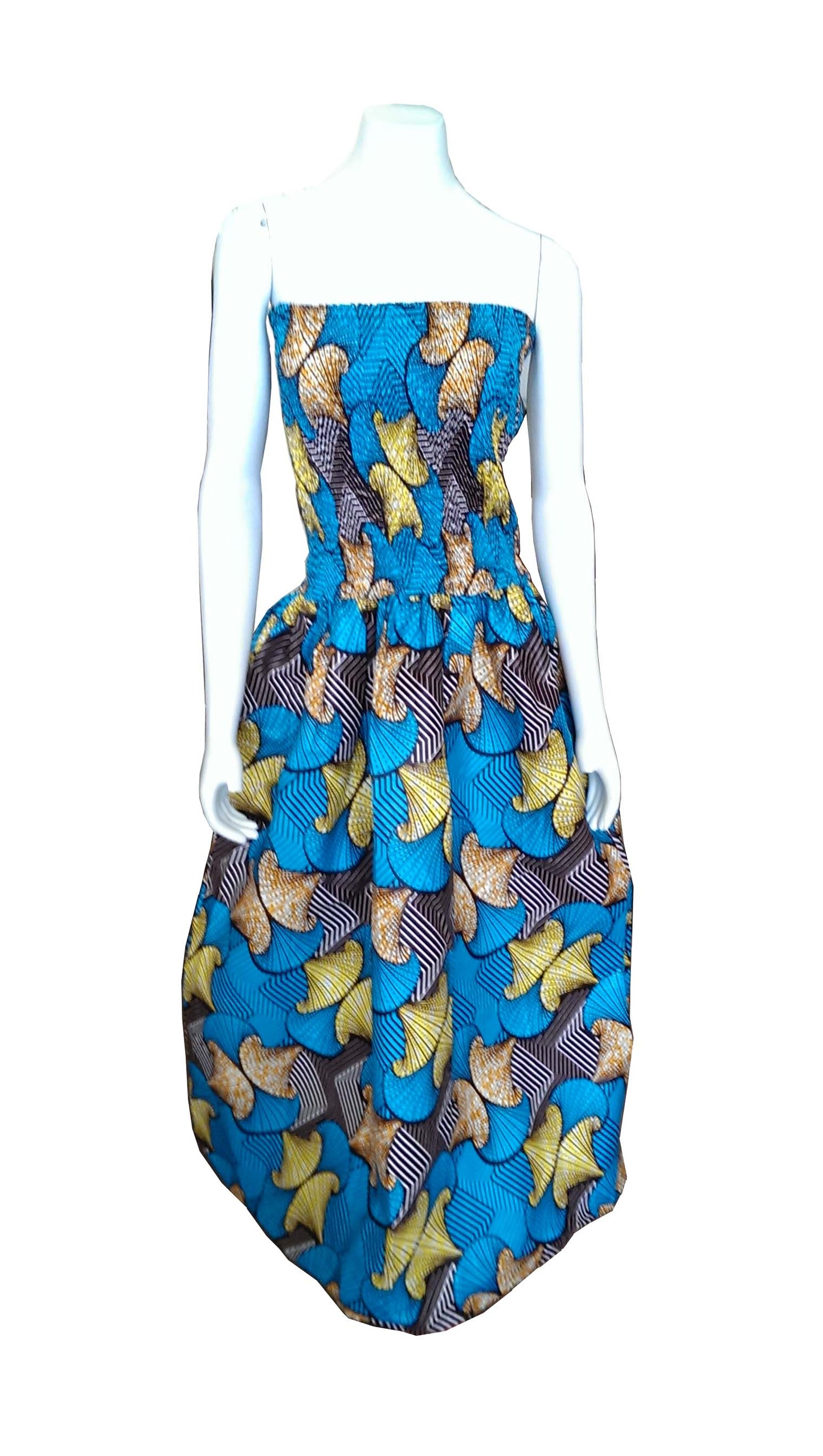 Cleo Strapless Dress Blue, Yellow, Orange and Brown African Prints