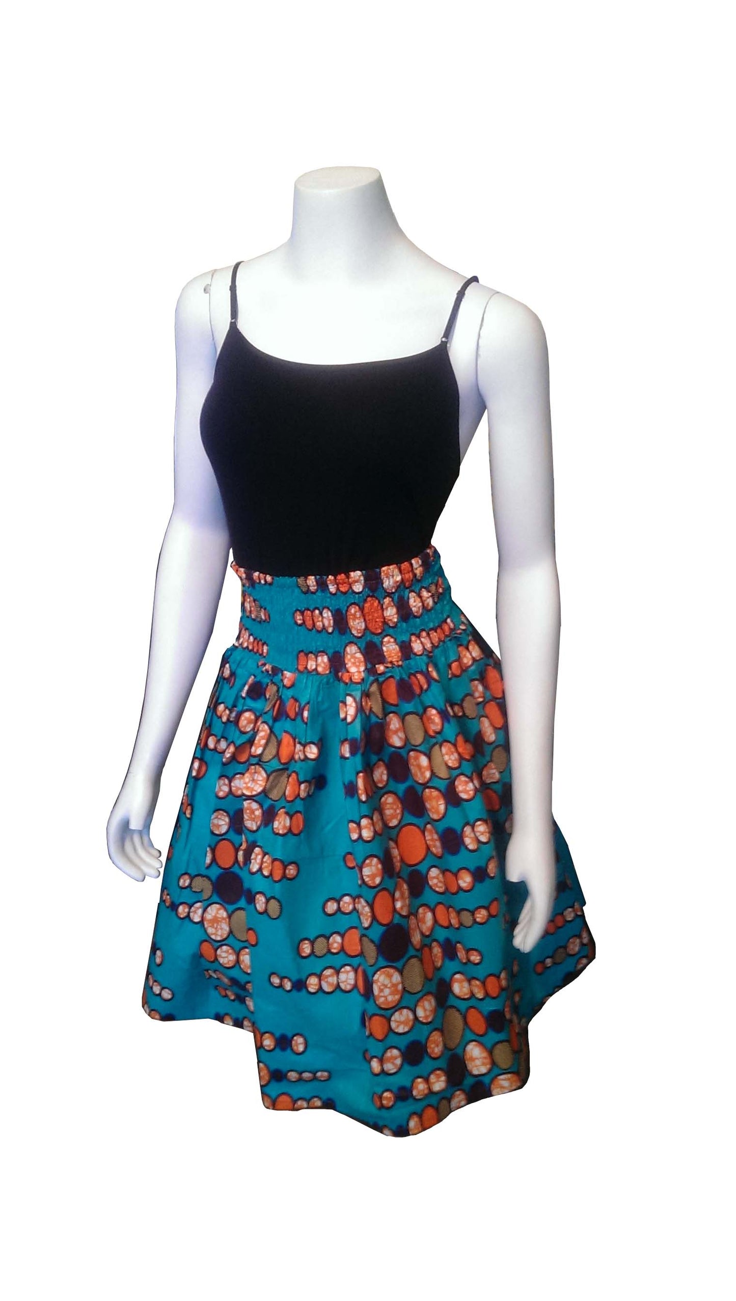 Sarafina Knee-Length Teal Skirt with Orange and Brown Circles (No Scarf)