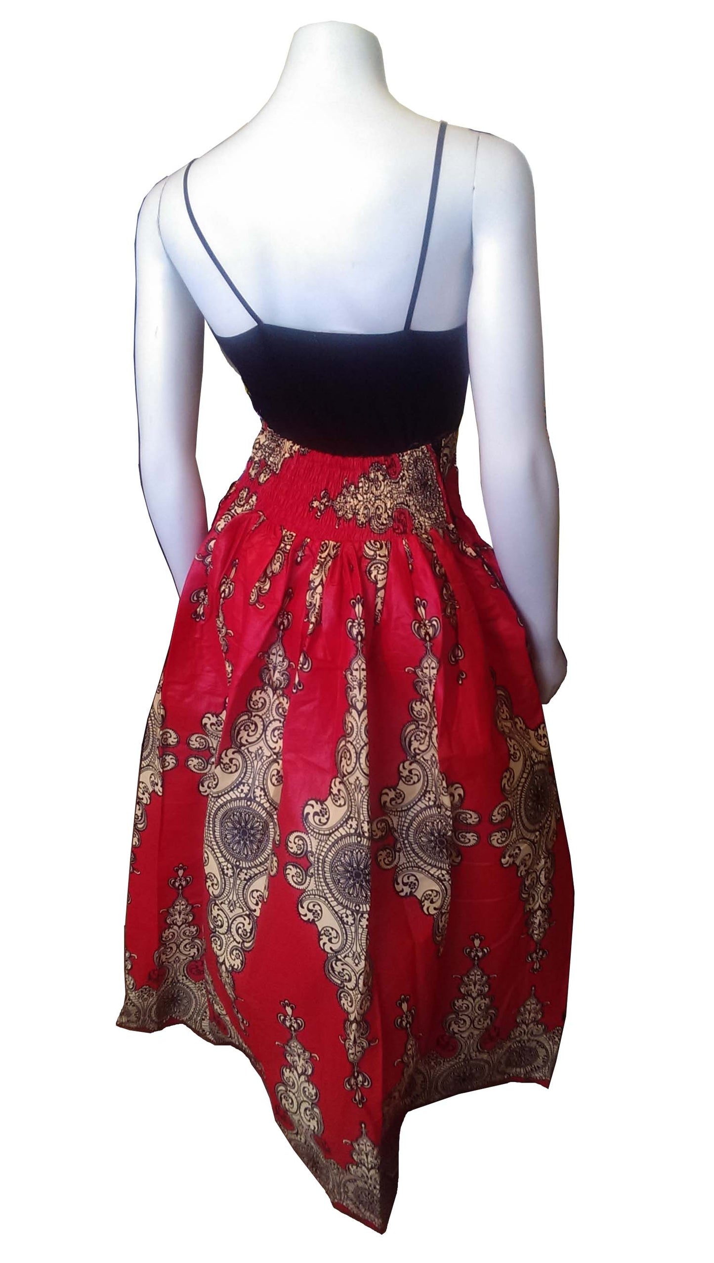 Dada Long Skirt Red with Cream and Black Ornate Design