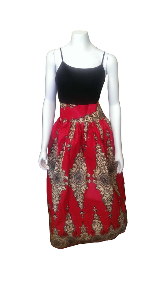 Dada Long Skirt Red with Cream and Black Ornate Design