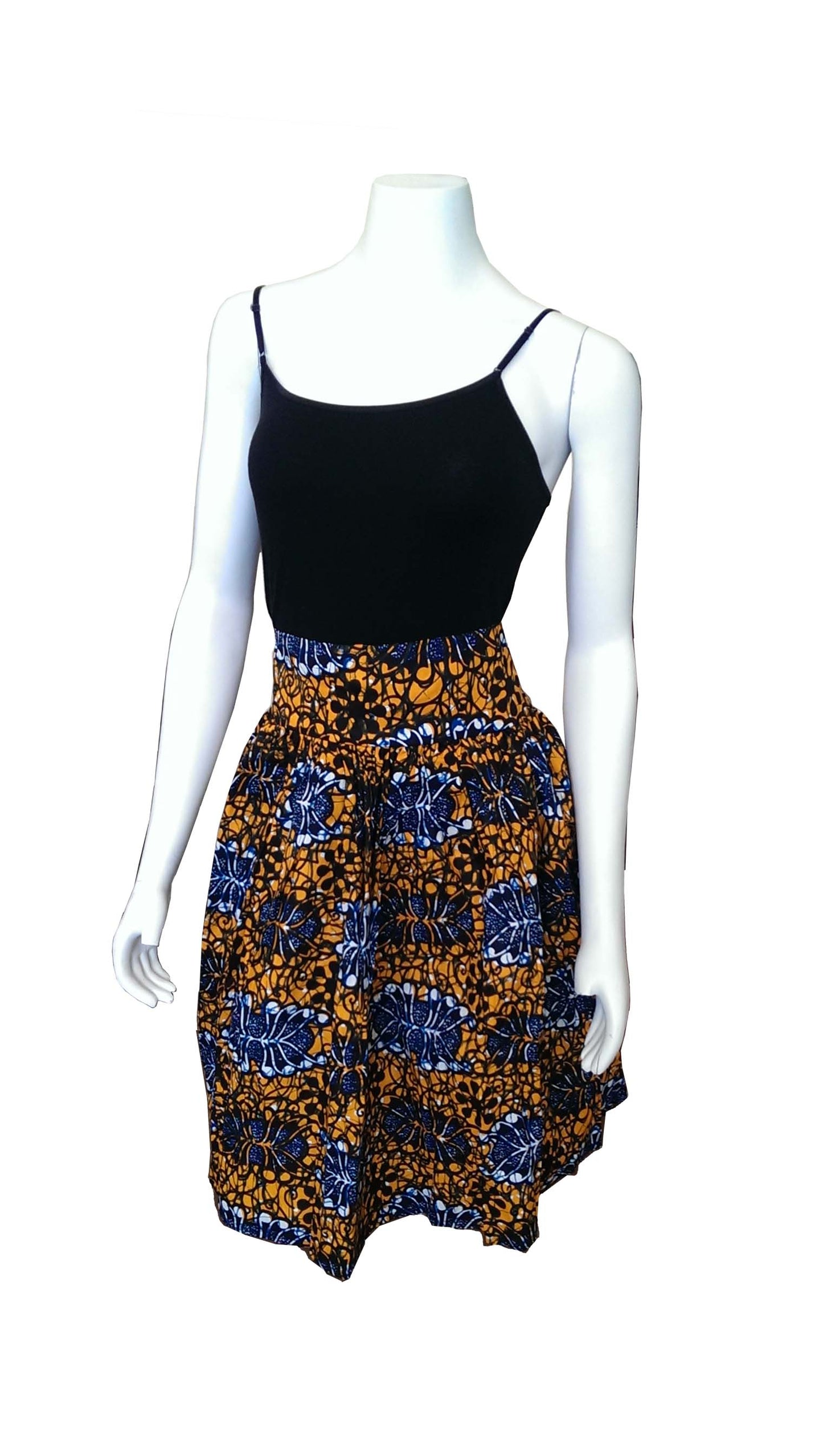 Sarafina Knee-Length Skirt Orange with Blue, White and Black Design