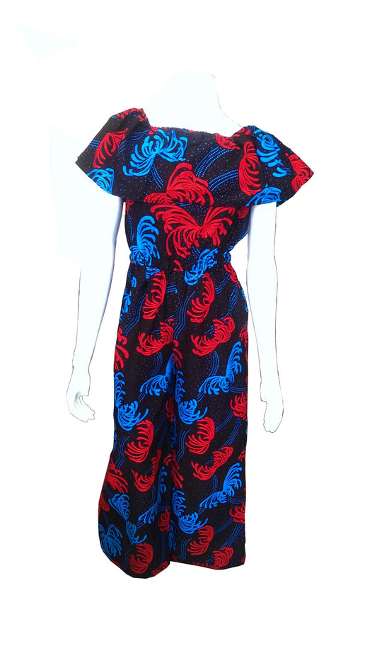 Ruka Black Jumpsuit with Red and Blue Designs (Wide Pant Leg)