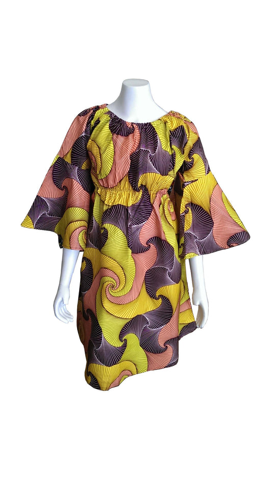 Bell Sleeves Dress with Yellow, Brown and Salmon Design