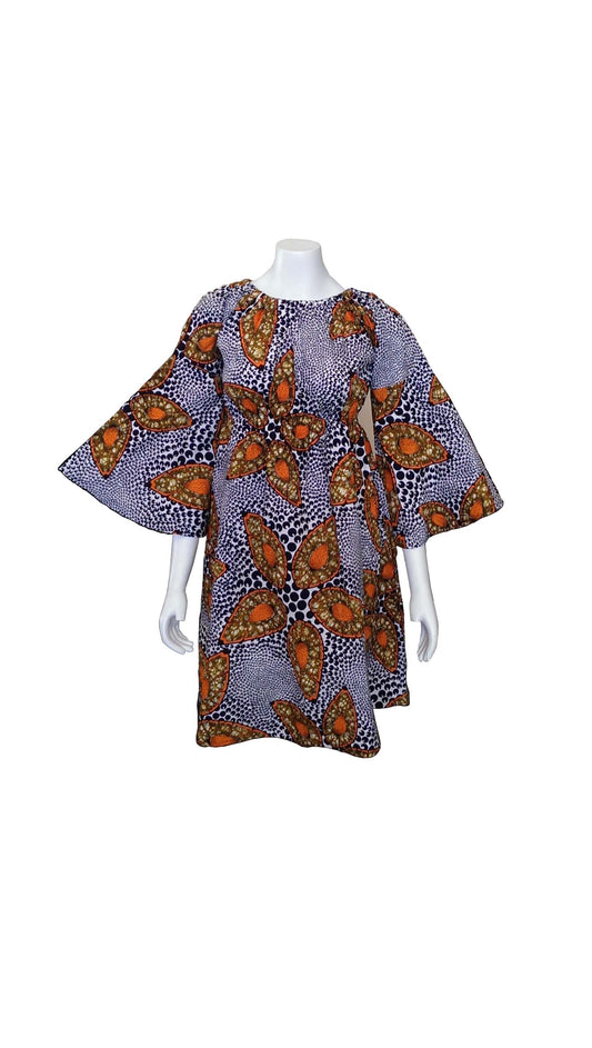 Bell Sleeves Dress with Black, White, Orange Design