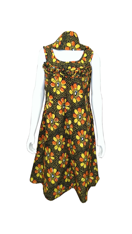 A Shaped Black Dress with Yellow and Orange Flowers