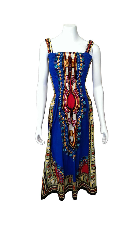 Furaha Sun Dress Blue with Multi-Colored African Designs