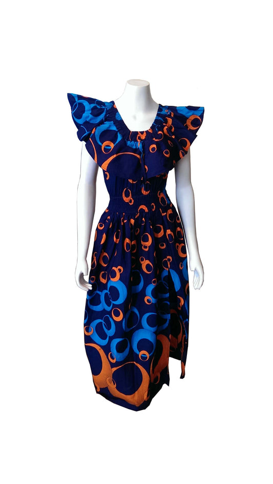 Maua Dark Blue Long Dress with Light Blue and Orange Circular Designs