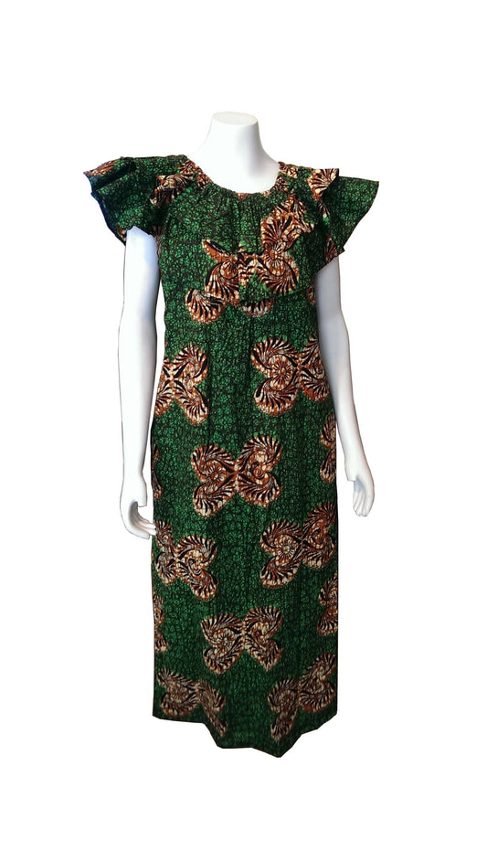 Maua Straight Dress Green with Butterfly Designs (No Elastic at the Waist)