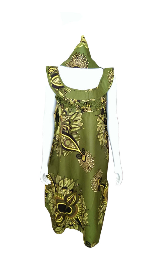 A Shaped African Green Dress With Yellow and Black Designs