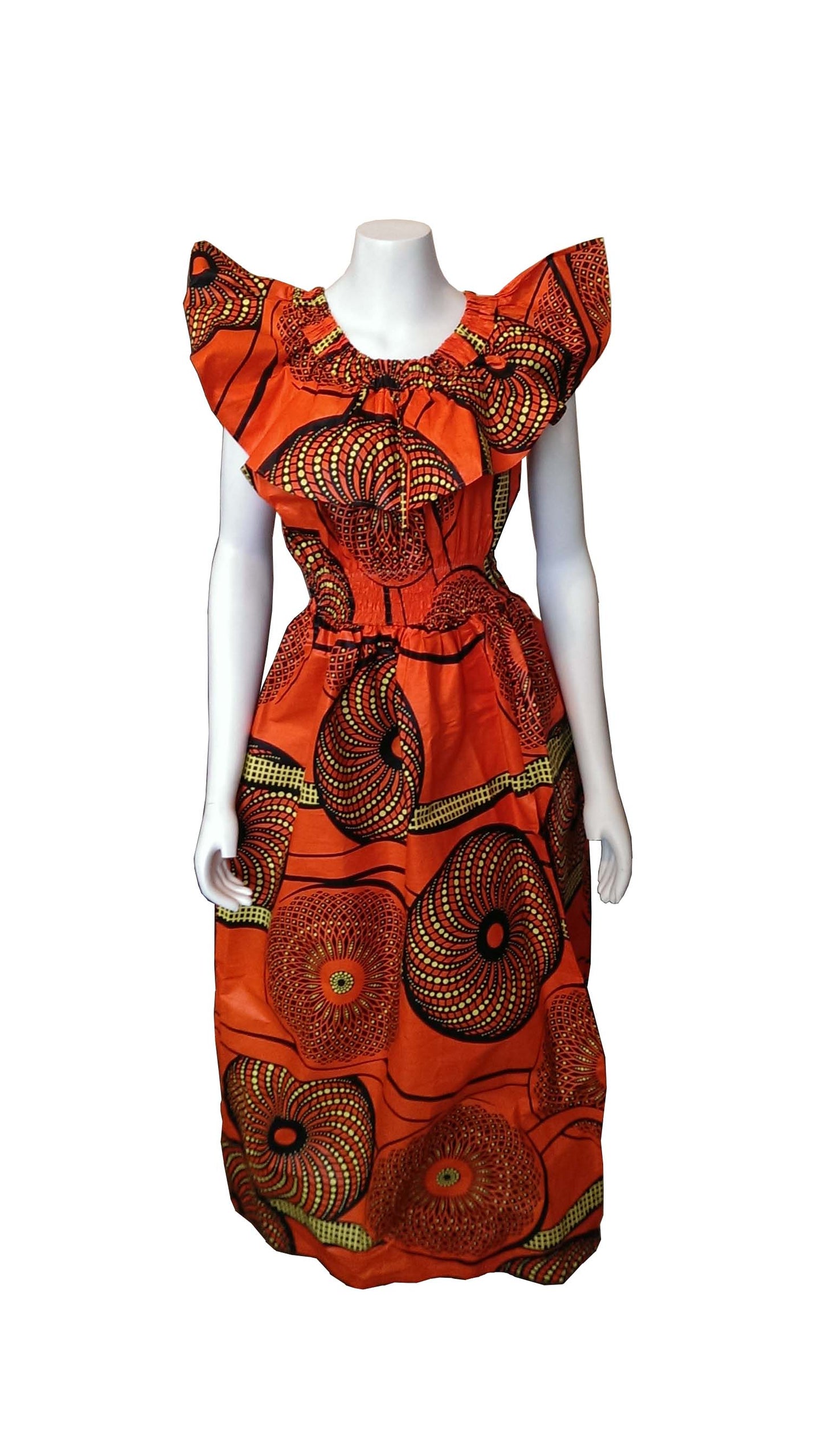 Maua Long Orange Dress with Black, Brown and Yellow Prints