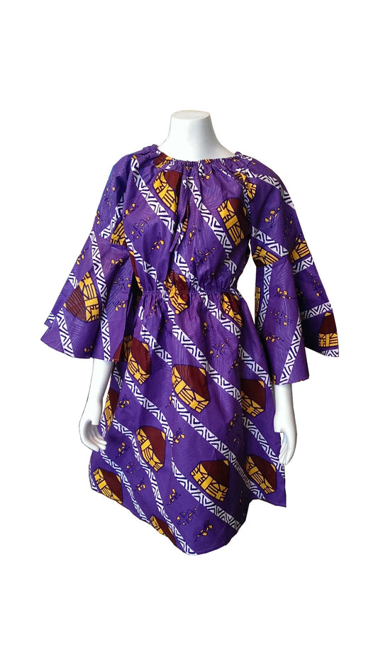 Bell Sleeves Purple Dress with White, Yellow and Brown African Designs