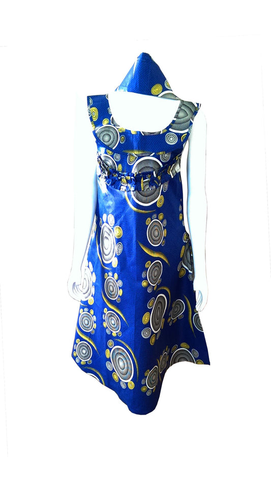 A Shaped Blue African Dress with Yellow, Black and White Prints