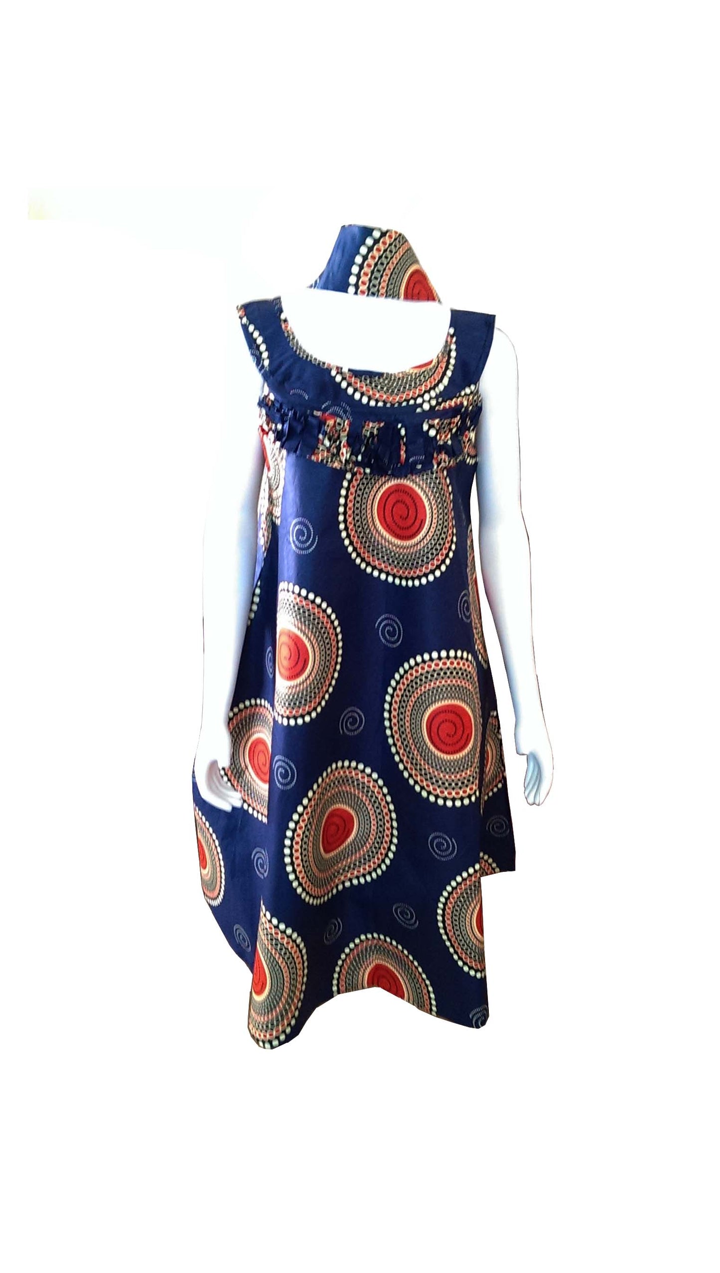 A Shaped Blue African Dress with Red and Cream Circles