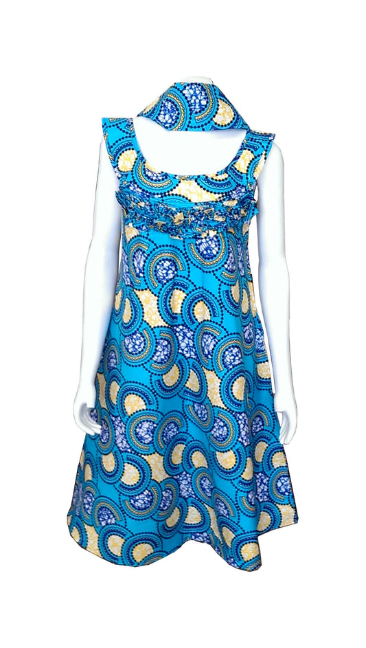 A Shaped Blue Dress with Yellow and White Prints