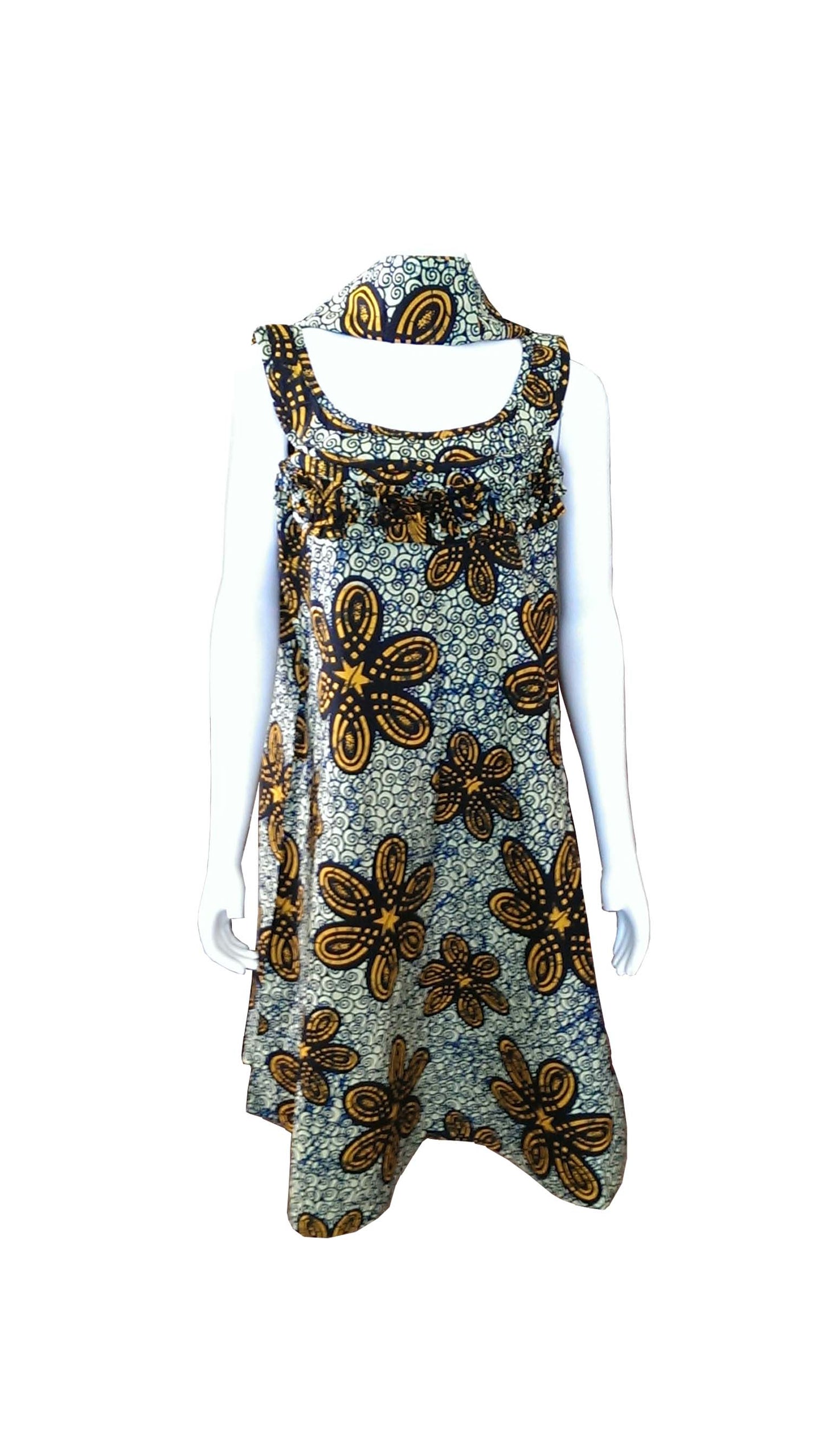 A Shaped Cream Dress with Orange and Black Prints