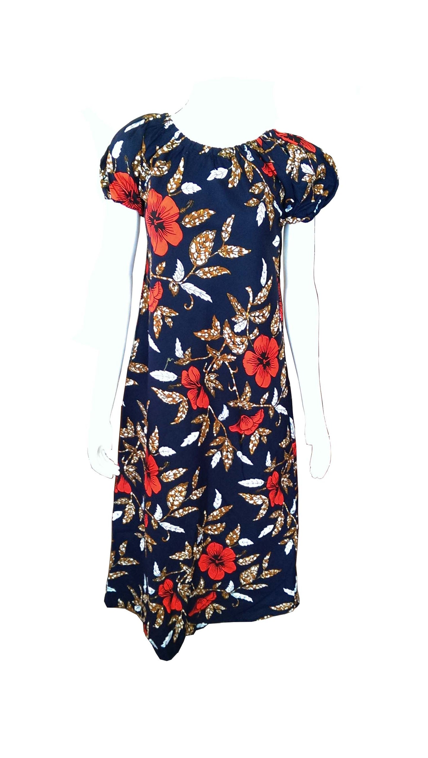 Flowered Navy Blue Dress in Red, White and Brown