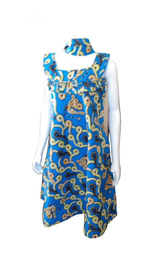 A Shaped Blue African Dress with Yellow, Orange, Whit and Black Prints