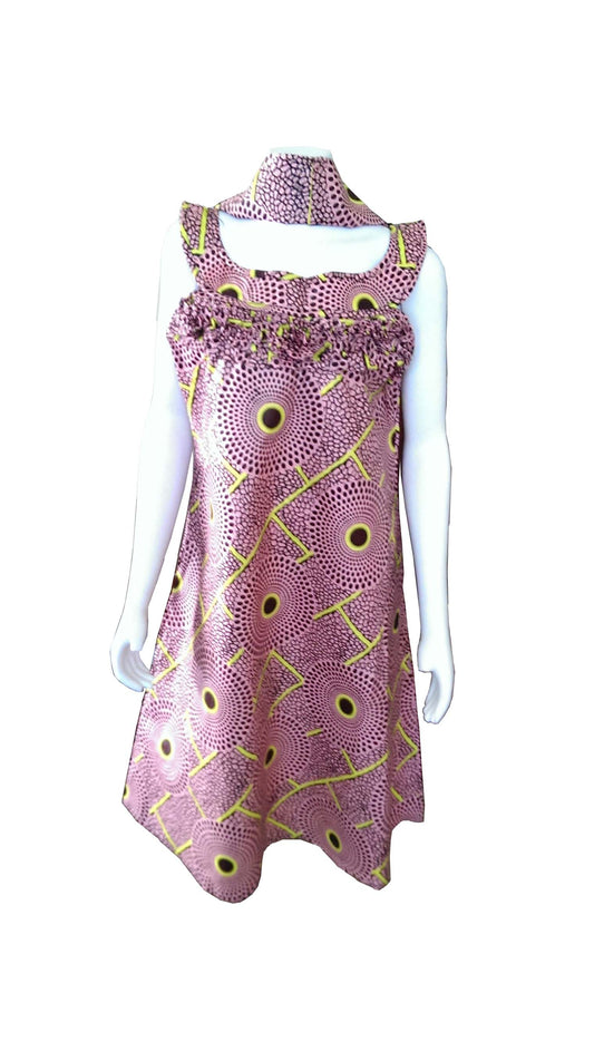 A Shaped Pink African Dress with Yellow and Brown Patterns