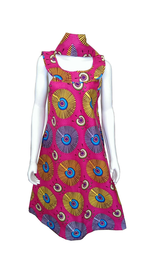 A Shaped Pink African Dress with Colorful Circular Prints