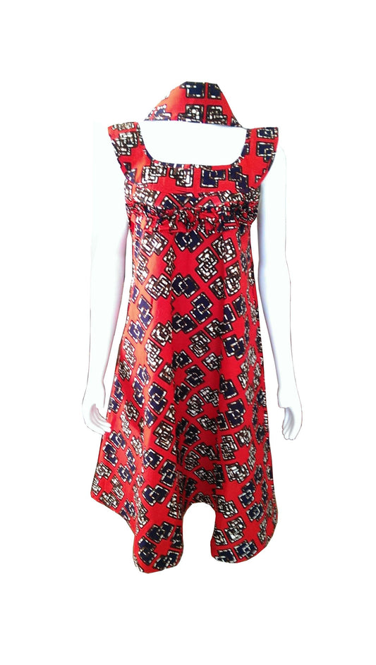 A Shaped Red African Dress with Dark Blue, Cream, and Brown Square Prints