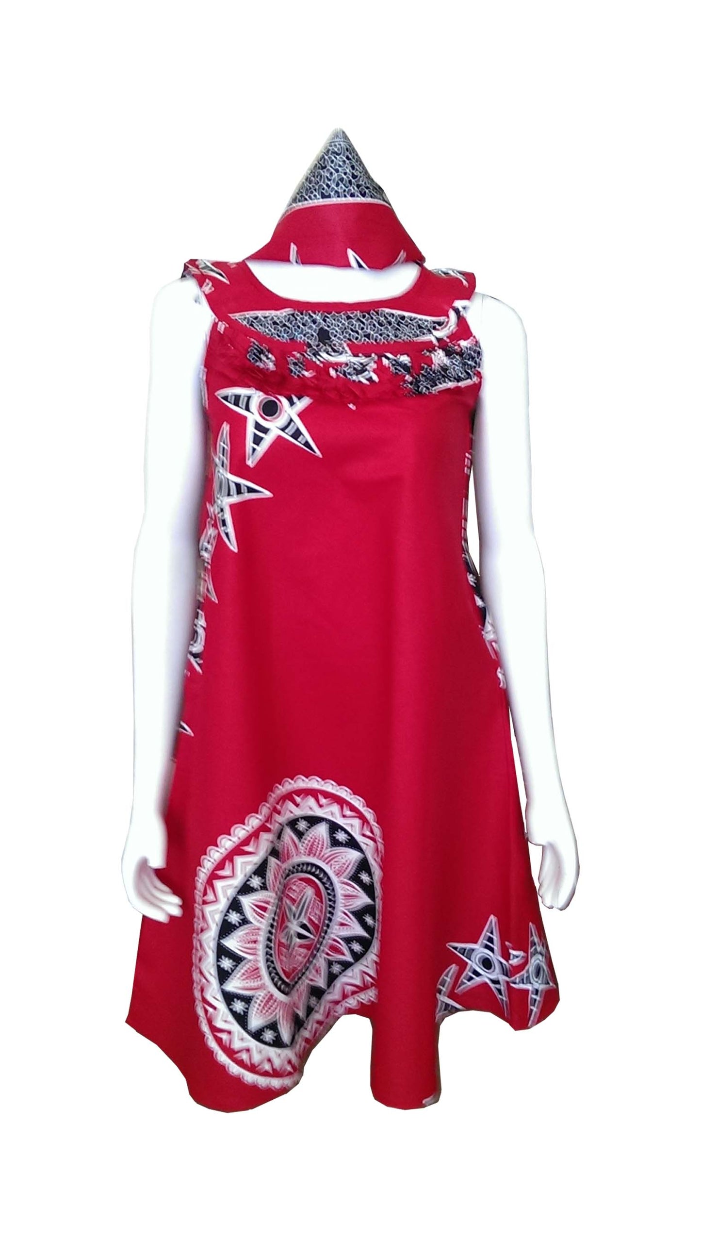 A Shaped Red African Dress with Black and White Designs