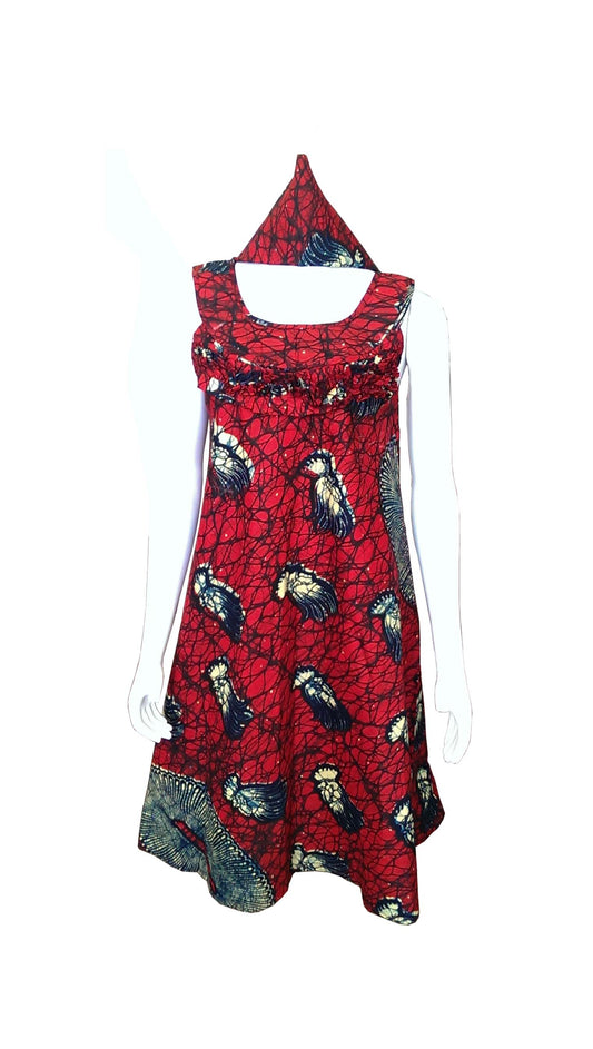 A Shaped Red African Dress with Cream and Navy Blue Prints