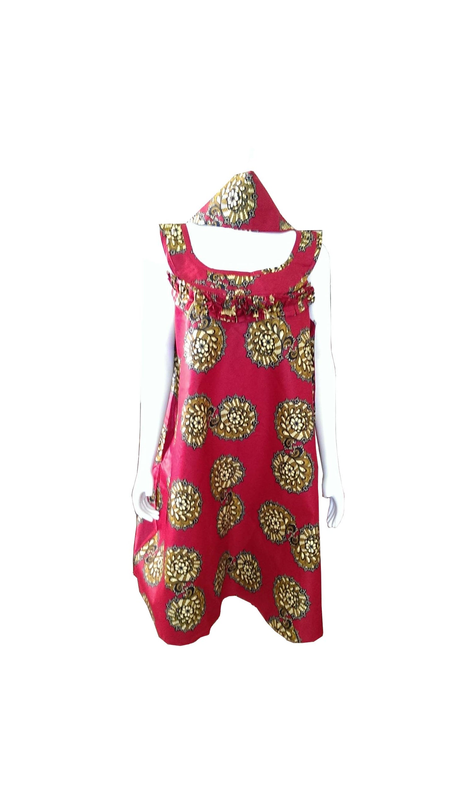 A Shaped Red African Dress with Cream, Brown and Black Prints