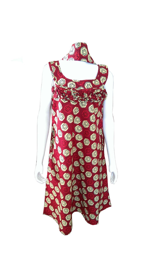 A Shaped Red African Dress with Cream and Blue Prints