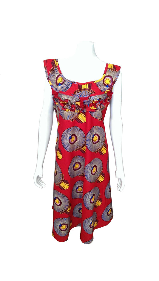 A Shaped African Red Dress with Multicolored Circular Prints (No Scarft)