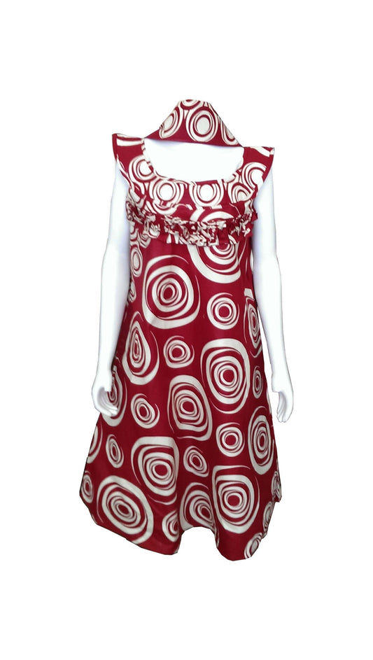 A Shaped African Red Dress with Cream Circles