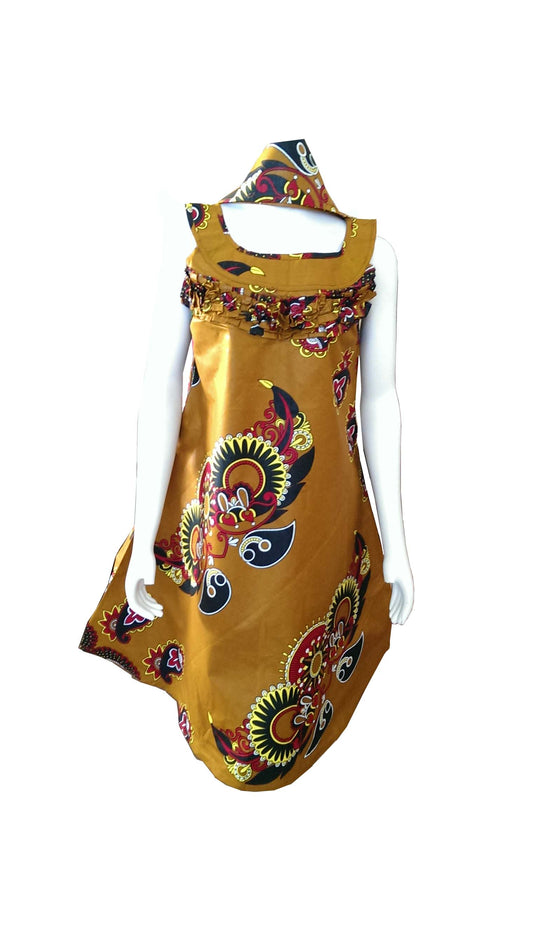 A Shaped Light Brown African Dress with Red, Yellow, Green, White Patterns