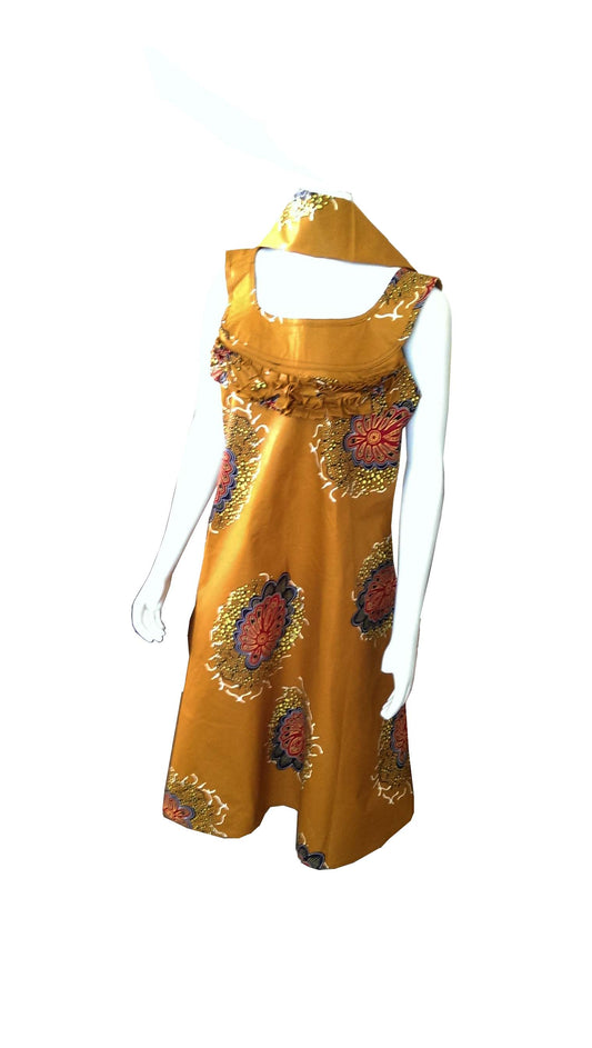 A Shaped Light Brown Dress with Colorful Flowers