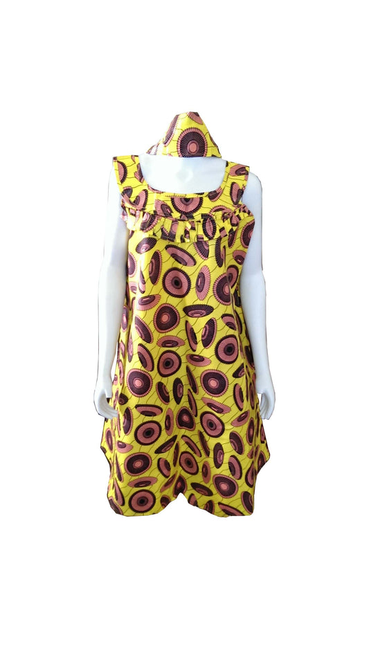 A Shaped Yellow African Dress with Pink and Dark Brown Circular Prints