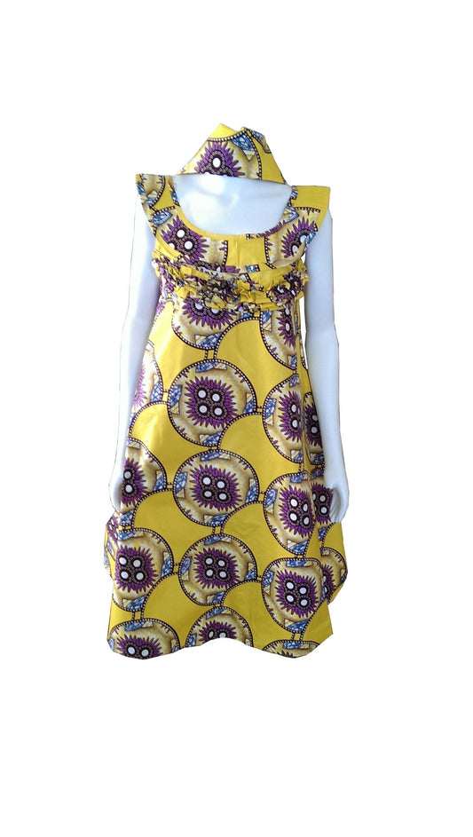 A Shaped Yellow African Dress with Purple and Brown Prints