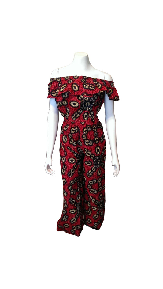 Ruka Red Jumpsuit with Circular Yellow and Black Designs