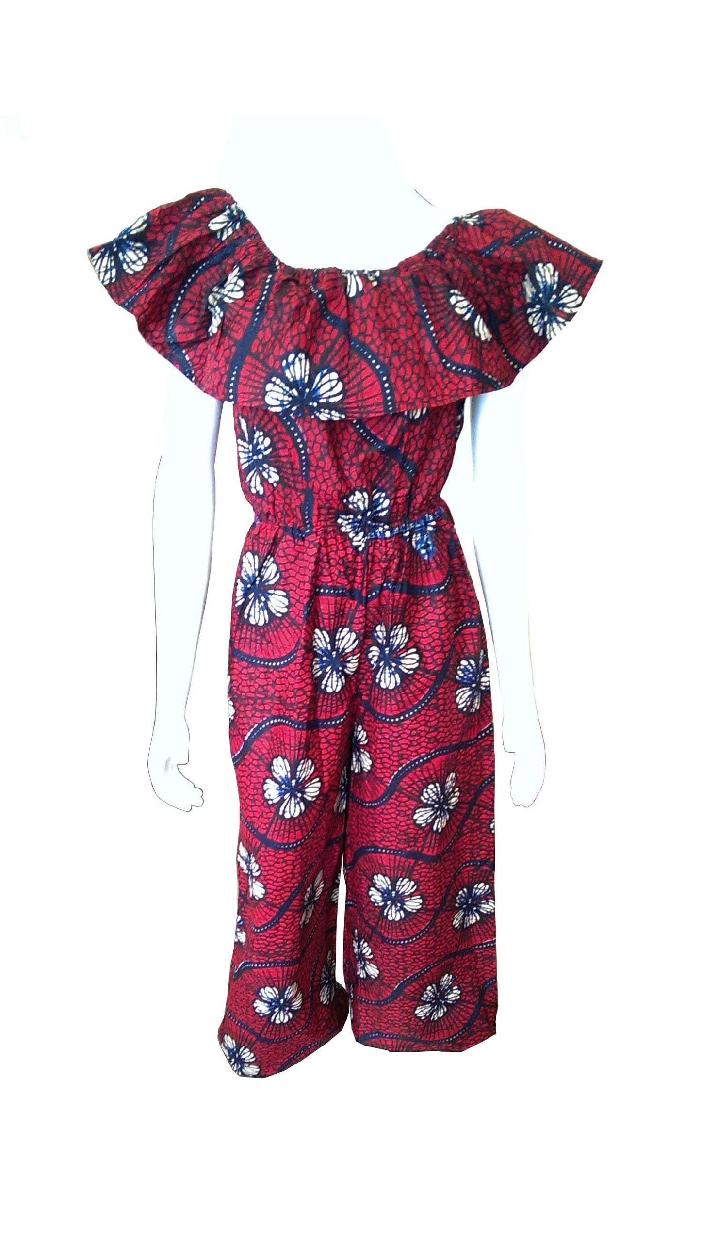 Ruka Red Jumpsuit with Navy Blue and Cream Flowers