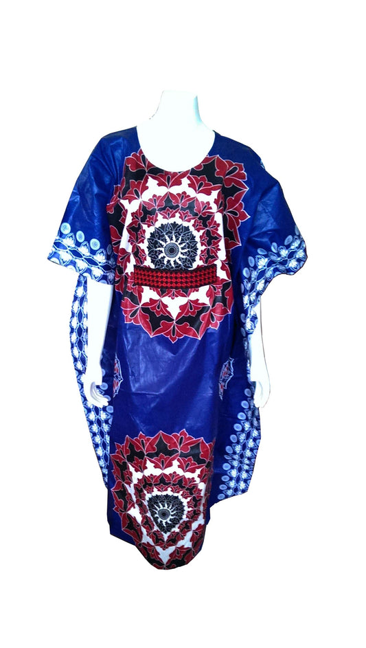 Mombasa Long Blue Dress with Red and White Designs (No scarf) (Fits Size 0-16)