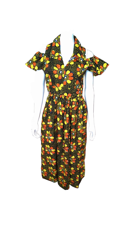 Jua  Black Collar Dress in Yellow, Orange and White Flowers