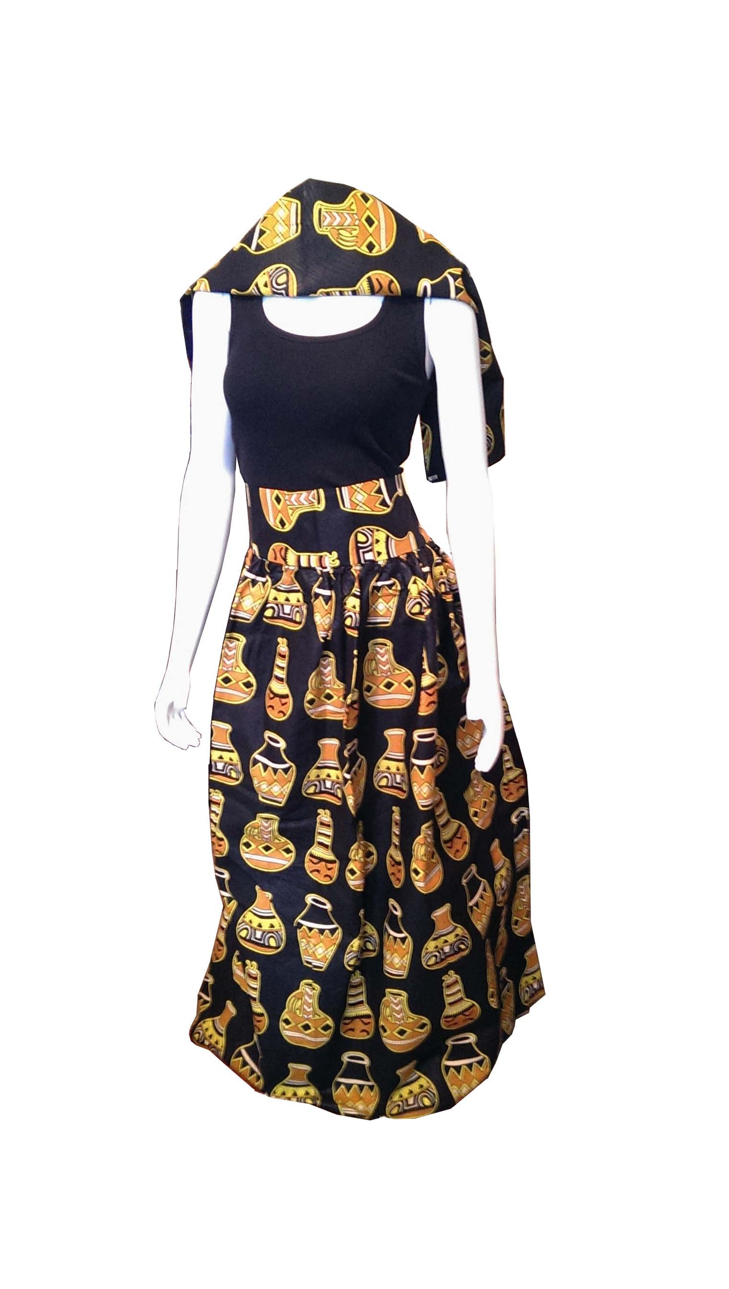 Dada Long Black Skirt with African Cooking Pots