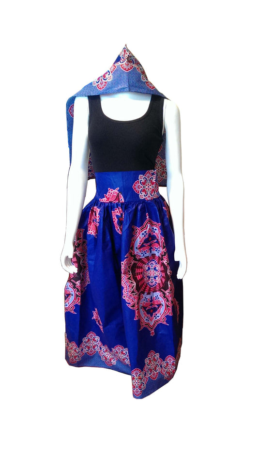 Dada Long Blue Skirt With Red and White Designs