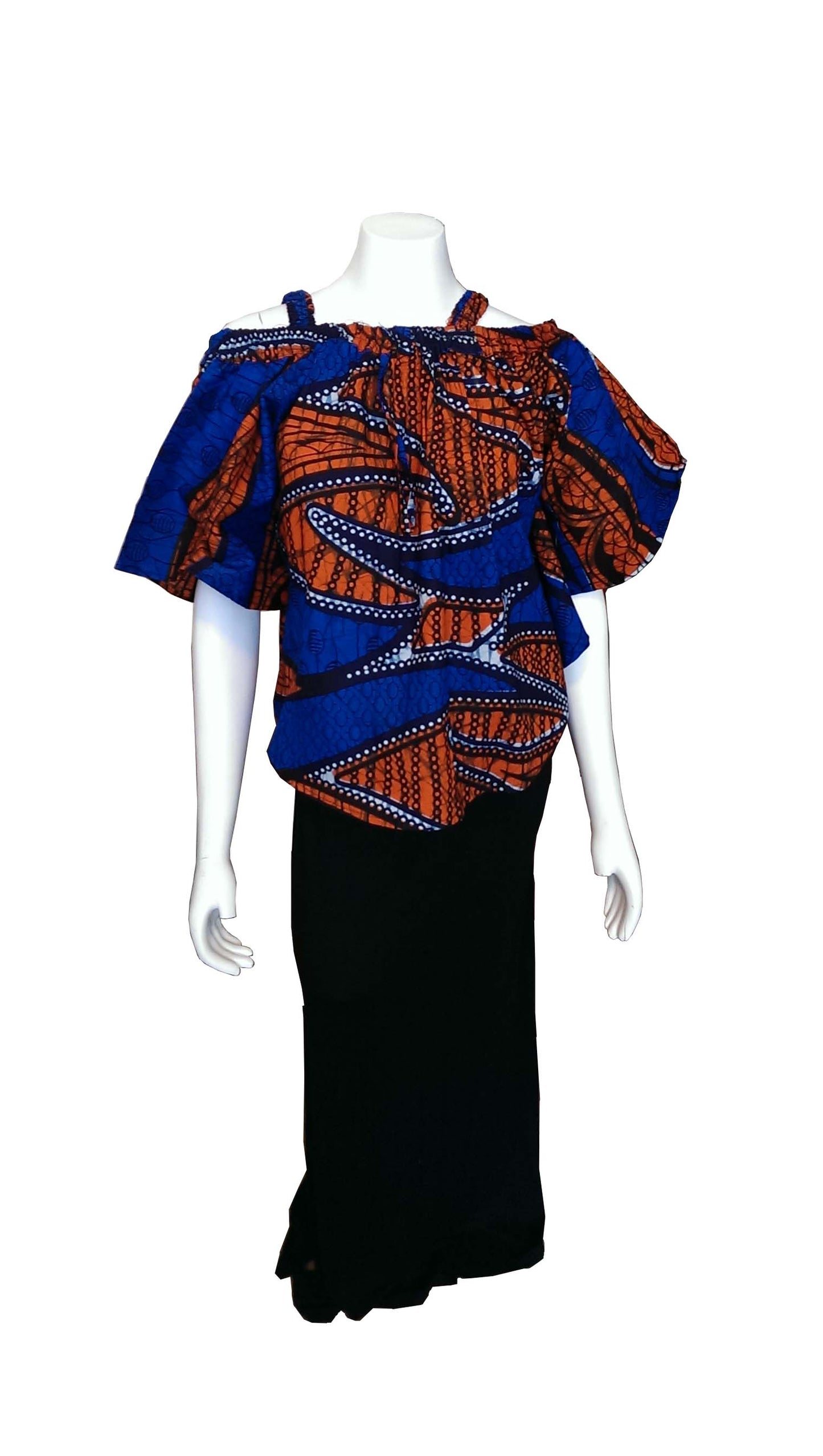 Arusha Ladies Top in Blue Brown and White African print