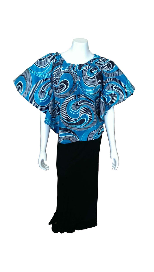 Shaka Top in Blue-Green, White and Black African Print