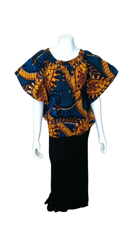 Shaka Top in Blue-Green, Orange, Yellow and Brown African Print