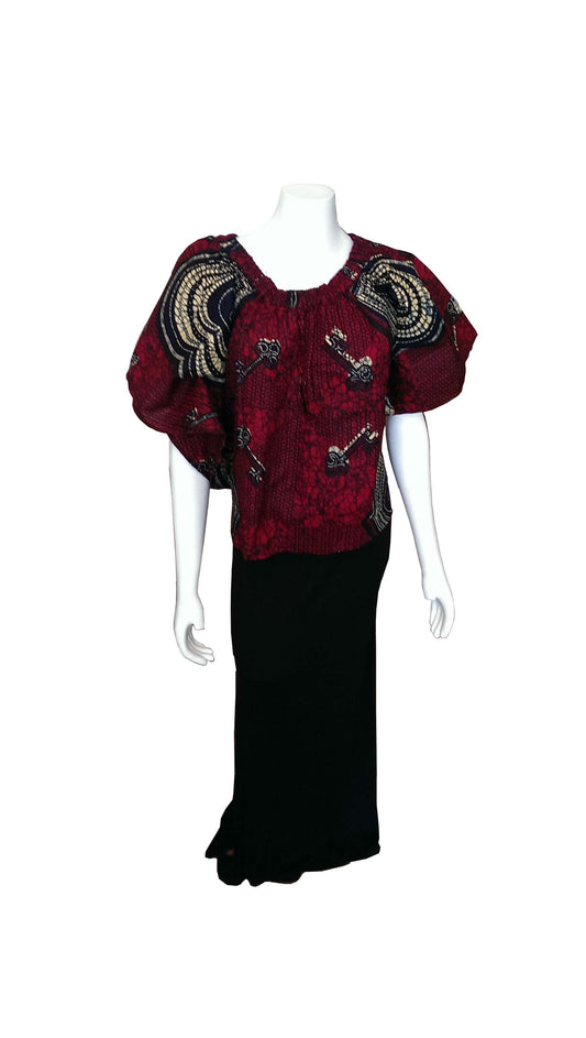 Shaka Top in Dark Red and Cream African Design