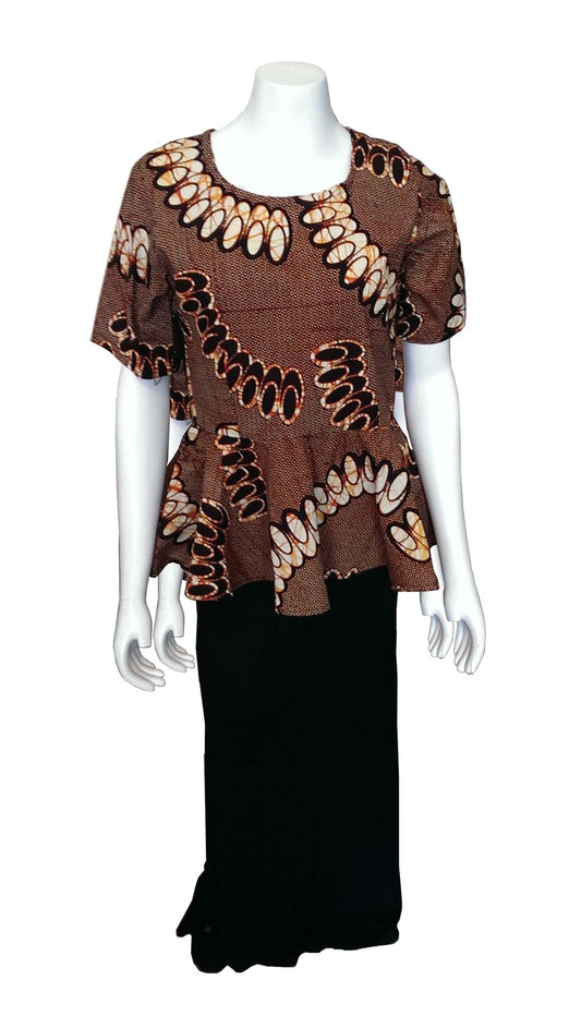 African Peplum Brown top with Cream and Black African Print