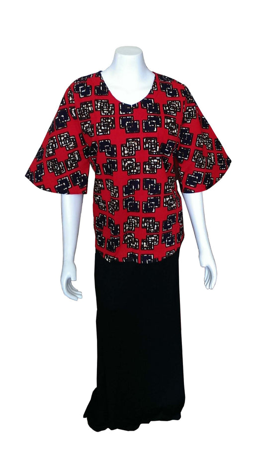 Malika Red top with Blue, Brown, Cream Square African Print