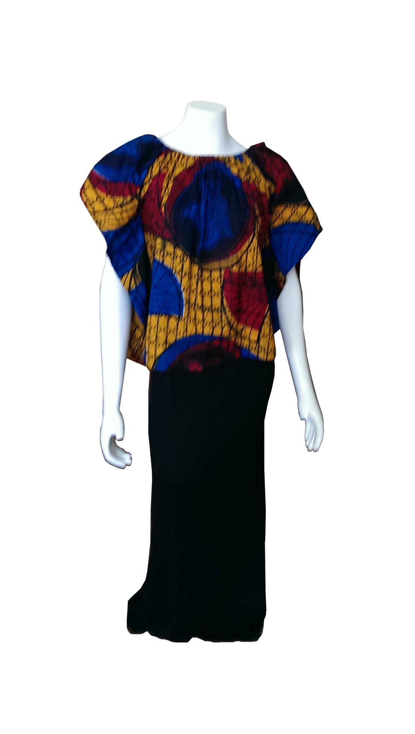 Shaka Top in Blue, Red, Orange and Black African Print