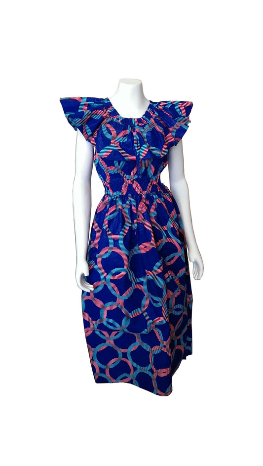 Maua Blue Dress with White,Brown and Green Designs